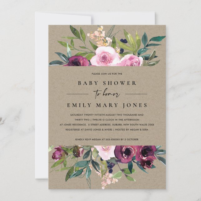 INVITACIÓN KRAFT RUBOR BURGUNDY FLORAL BUNCH BABY SHOWER (Anverso)