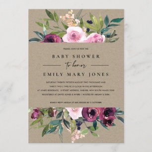 INVITACIÓN KRAFT RUBOR BURGUNDY FLORAL BUNCH BABY SHOWER