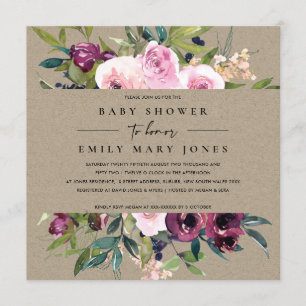 INVITACIÓN KRAFT RUBOR BURGUNDY FLORAL BUNCH BABY SHOWER