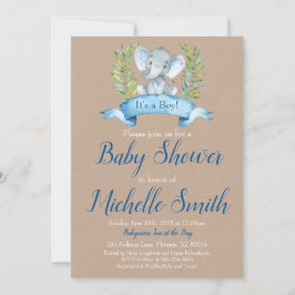 Invitación Kraft Rustic Boy Elephant Safari Boho Baby Shower