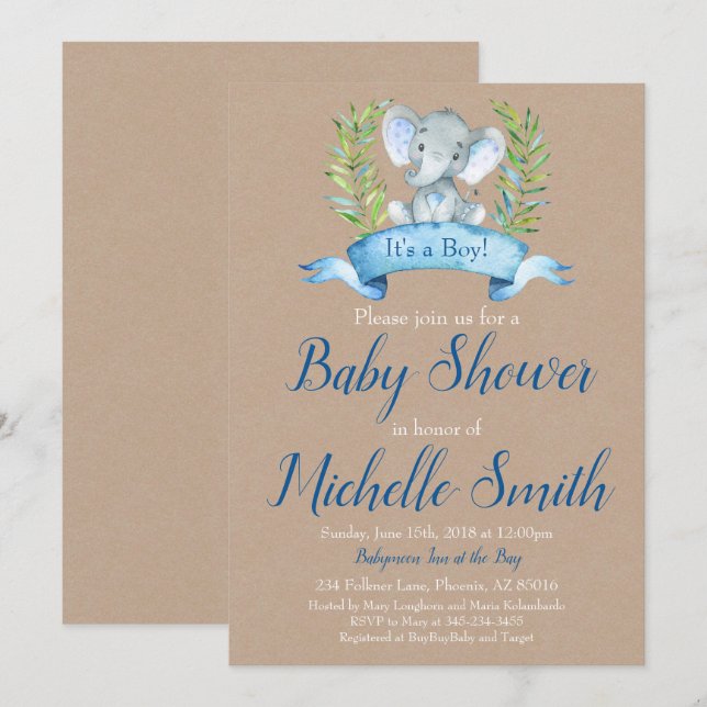 Invitación Kraft Rustic Boy Elephant Safari Boho Baby Shower (Anverso / Reverso)