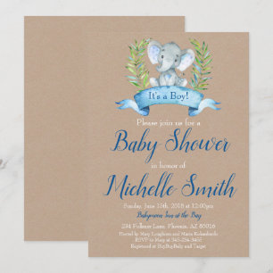 Invitación Kraft Rustic Boy Elephant Safari Boho Baby Shower