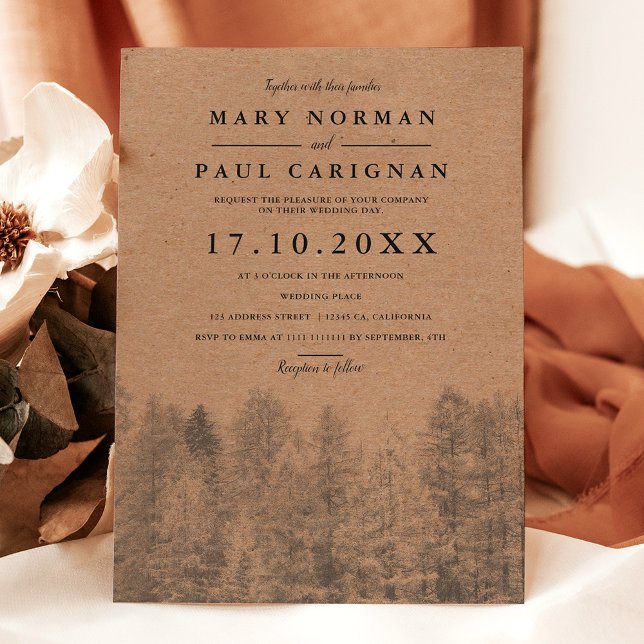 Invitación Kraft Rústico boda de pinares de invierno de otoño (Rustic kraft Fall winter pine trees forest wedding Invitation)