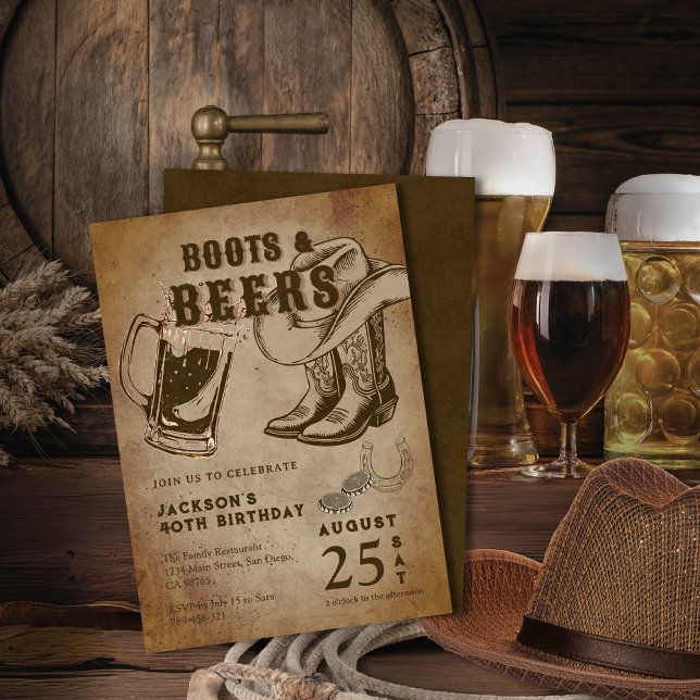 Invitación Kraft Sketch Western Cowboy Boots & Beers Cumpleañ (Kraft Sketch Western Cowboy Boots & Beers Birthday Invitation)
