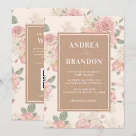 Invitación Kraft Vintage Pink Rose Garden QR Code Wedding