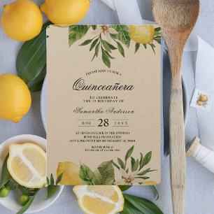 Invitación Kraft Watercolor Amarillo Lemones y Hojas