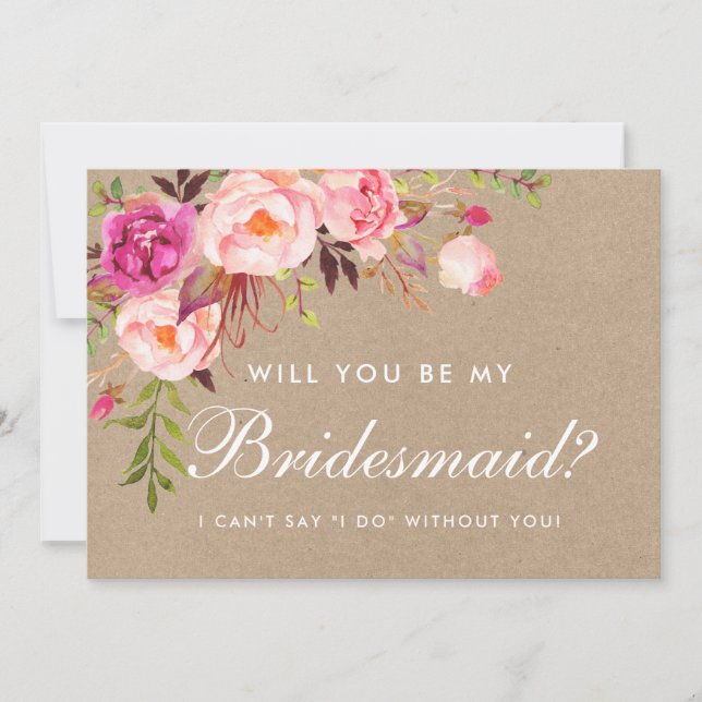 Invitación Kraft Watercolor Floral Pink Bridesmaid (Anverso)