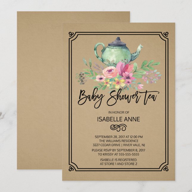 Invitación Kraft Watercolor Floral Tea Fiesta Baby Shower (Anverso / Reverso)