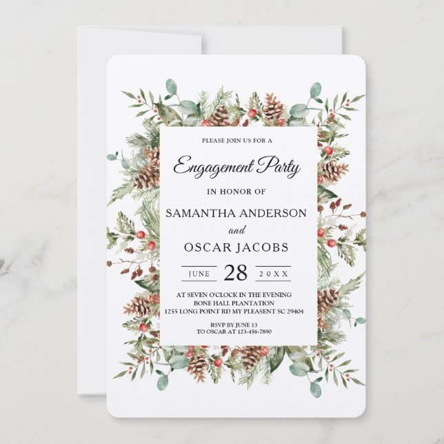 Invitación Kraft Winter Green Pine Frame (Anverso)