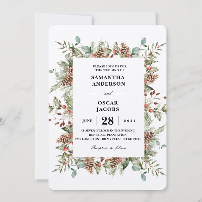 Invitación Kraft Winter Green Pine Frame (Anverso)