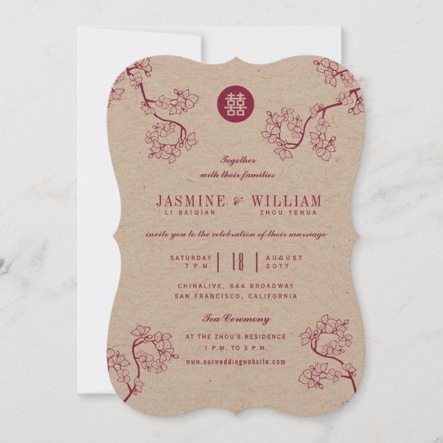 Invitación Kraft y flores de ciruelo 囍 Boda moderna asiática (Anverso)