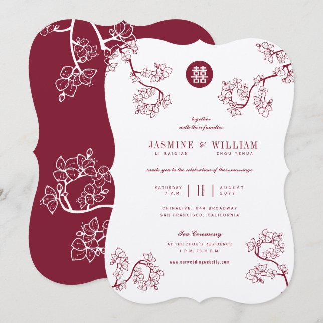 Invitación Kraft Y Red Plum Blossoms Modernos Bodas Asiáticos (Anverso / Reverso)