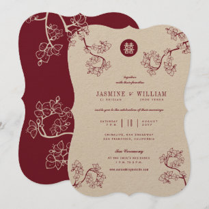 Invitación Kraft Y Red Plum Blossoms Modernos Bodas Asiáticos