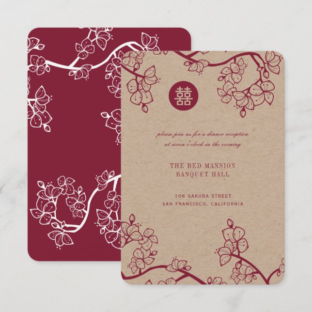 Invitación Kraft Y Red Plum Blossoms Modernos Bodas Asiáticos (Anverso / Reverso)