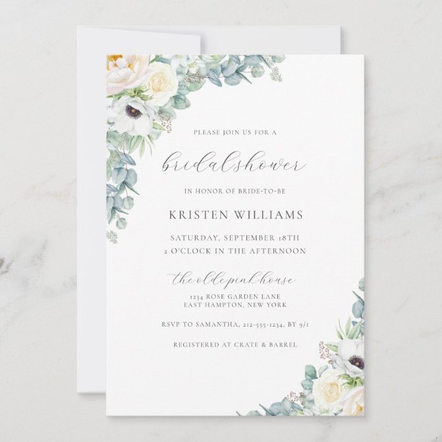 Invitación Kristen Boho Floral Blanca y Verdor Ducha Bridal (Anverso)