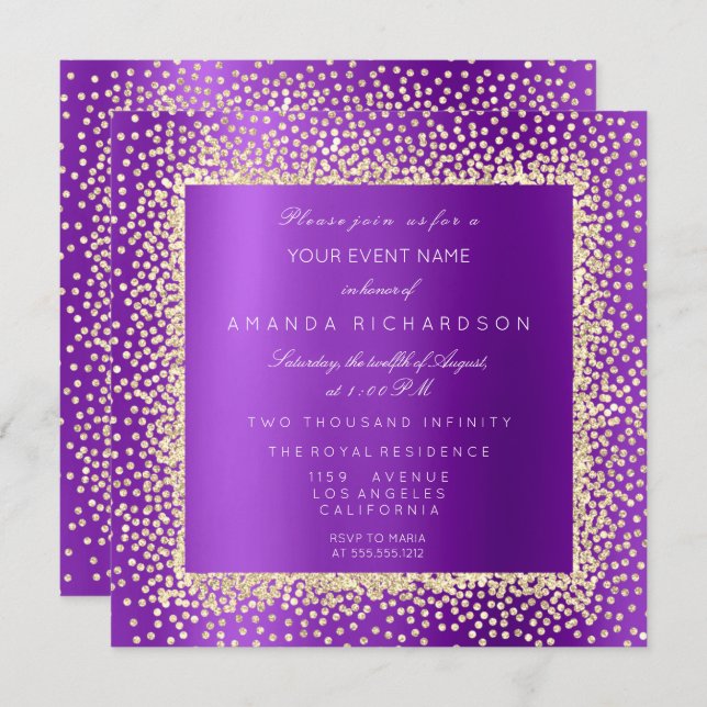 Invitación Krystal Champaigne Glitter dorado Confeti Violeta  (Anverso / Reverso)