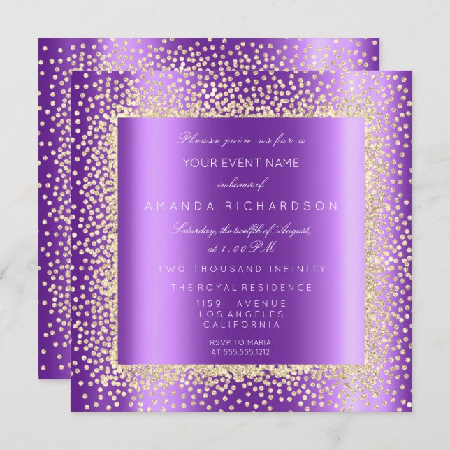 Invitación Krystal Champaigne Purpura2 Glitter Confeti Dorado (Anverso / Reverso)