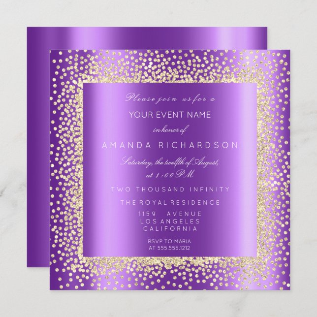 Invitación Krystal Champaigne Purpura Glitter Confeti (Anverso / Reverso)