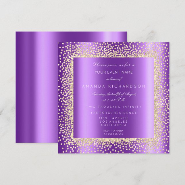 Invitación Krystal Champaigne Purpurina de oro Confetti Purpl (Anverso / Reverso)