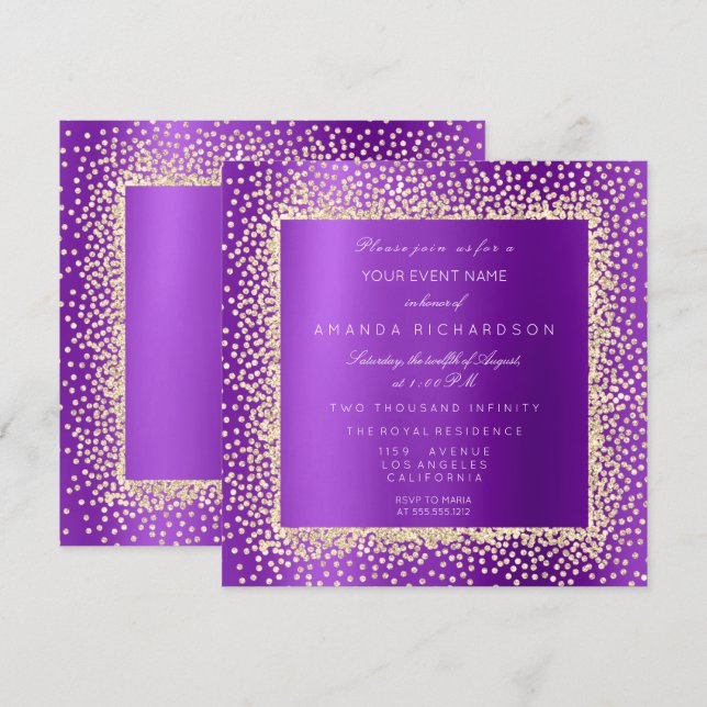 Invitación Krystal Champaigne Purpurina de oro Confetti Viole (Anverso / Reverso)