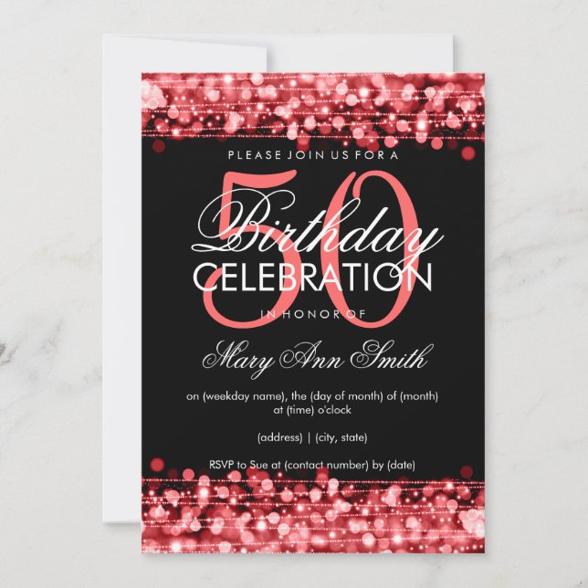 Invitación La 50.a fiesta de cumpleaños elegante chispea rojo (Anverso)
