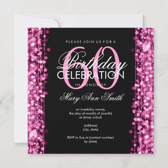Invitación La 60.a fiesta de cumpleaños elegante chispea rosa (Anverso)