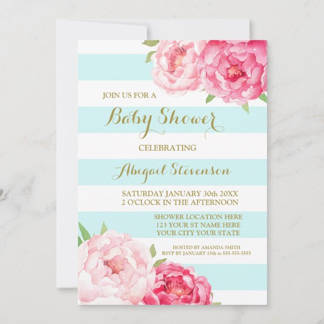 Invitación La acuarela azul clara de las rayas florece Baby (Reverso)