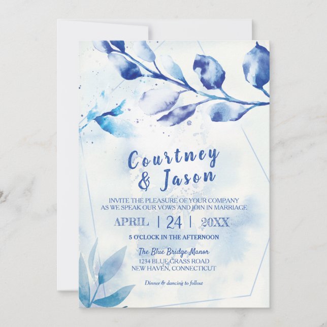 Invitación La acuarela azul deja al Boda ruso (Anverso)