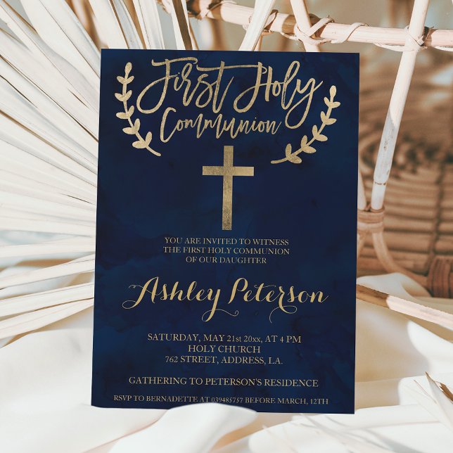 Invitación La acuarela azul marina de oro Primera Comunión Sa (Subido por el creador)