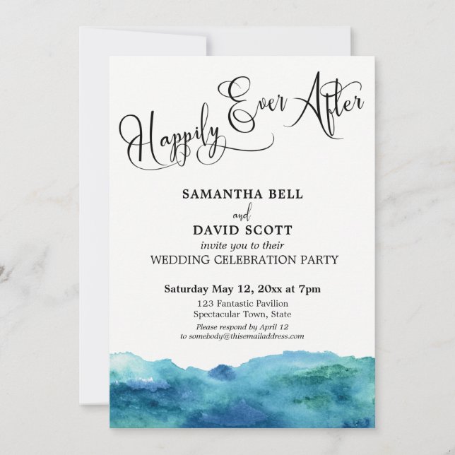 Invitación La acuarela azul verde de Aqua feliz para siempre  (Anverso)