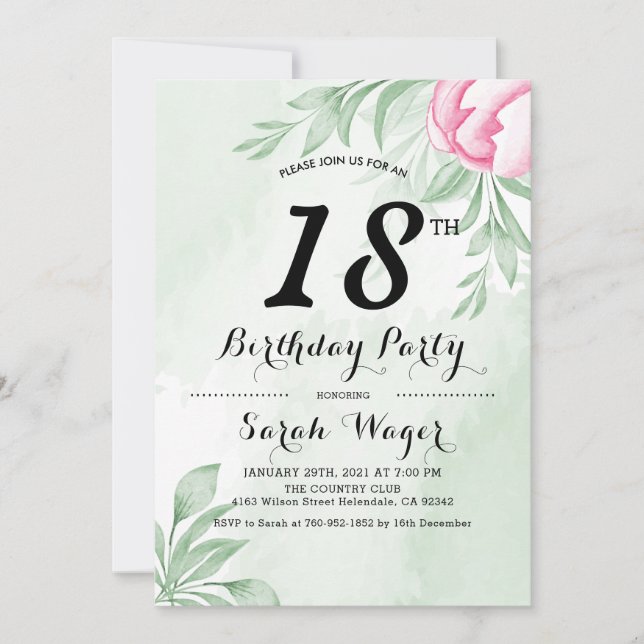 Invitación La acuarela Boho Eucalyptus deja el 18 aniversario (Anverso)