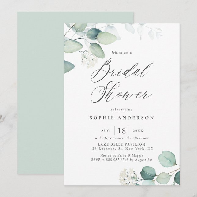 Invitación La acuarela Boho Eucalyptus Deja La Ducha Bridal E (Anverso / Reverso)