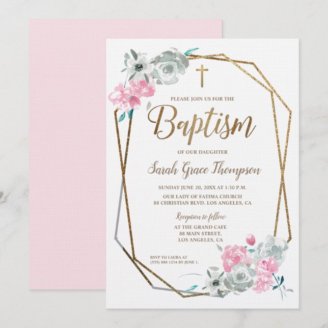 Invitación La acuarela de Boho florece bautismo de los rosas (Anverso / Reverso)