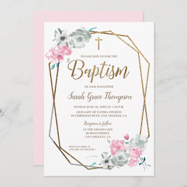 Invitación La acuarela de Boho florece bautismo de los rosas (Anverso / Reverso)