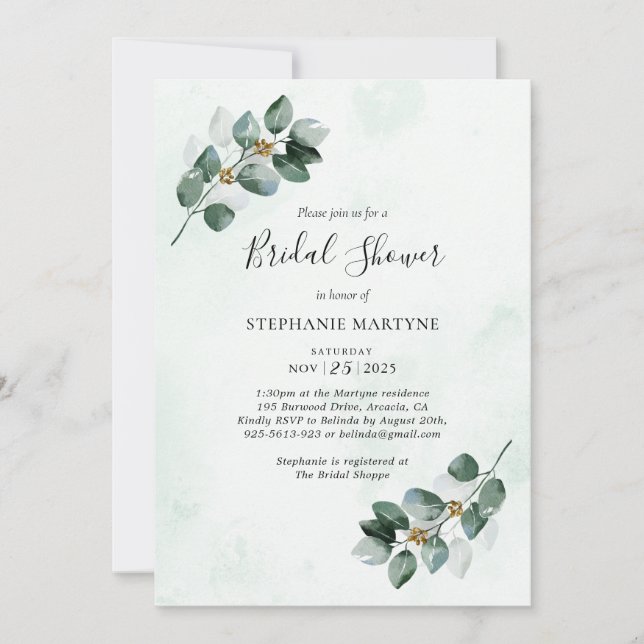 Invitación La acuarela de Eucalyptus deja una ducha de novia (Anverso)