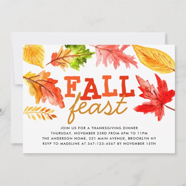 Invitación La acuarela de la fiesta de otoño deja la cena de  (Anverso)