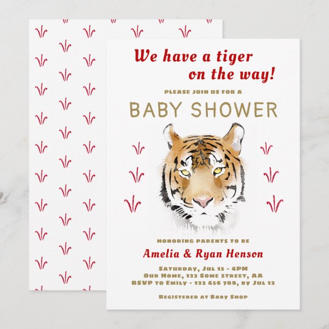 Invitación La acuarela del bebé tigre 2022 Baby Shower (Anverso / Reverso)