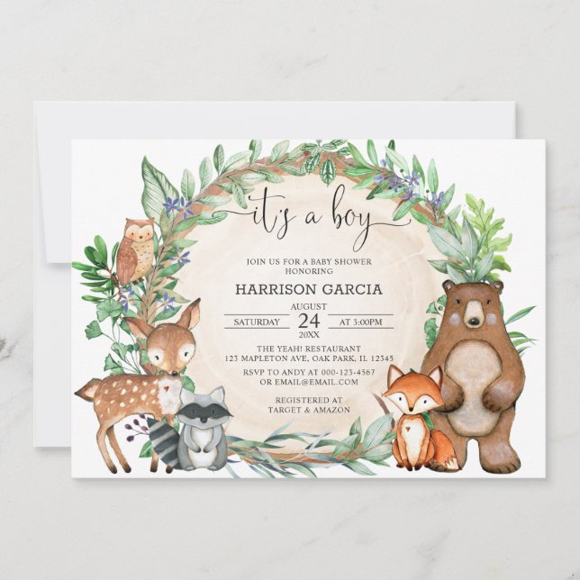 Invitación La acuarela es el Baby Shower de los animales de W (Anverso)