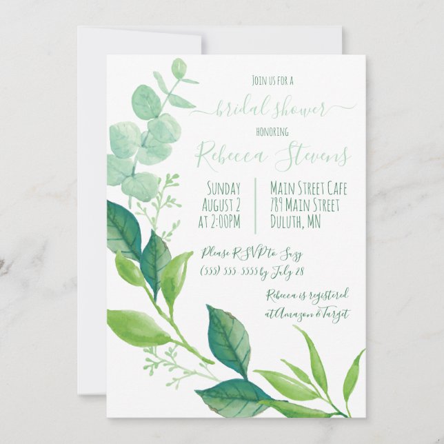 Invitación La acuarela Eucalyptus deja la ducha de novia (Anverso)