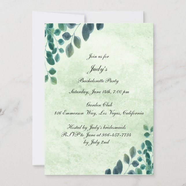 Invitación La acuarela Eucalyptus deja la fiesta de la Bachel (Anverso)