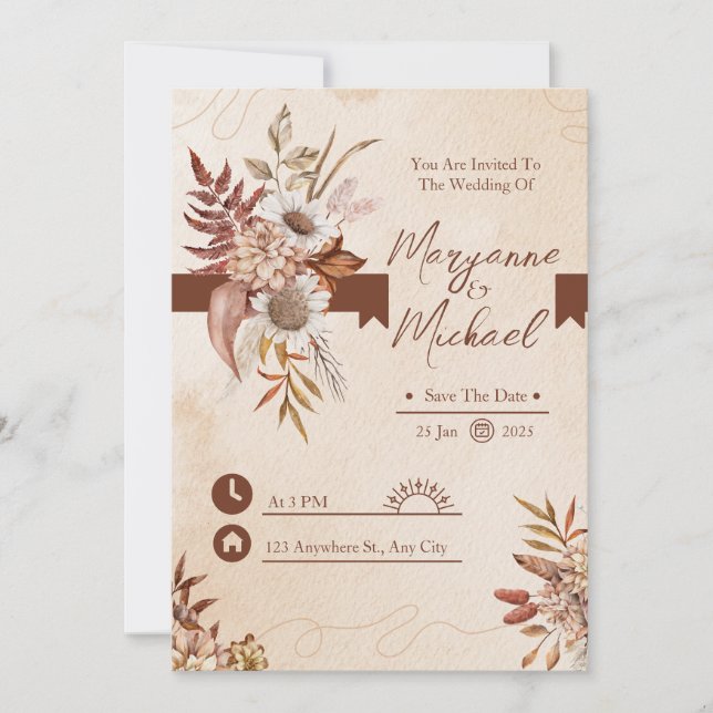 Invitación La acuarela floral crema y marrón salva la fecha (Anverso)