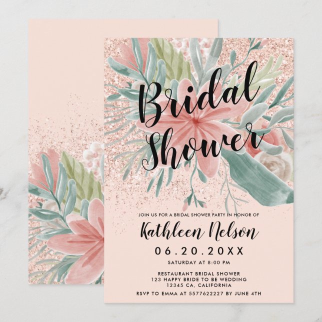Invitación La acuarela floral del purpurina se ruboriza ducha (Anverso / Reverso)