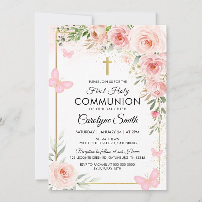Invitación La acuarela floral rosa es la primera comunión sag (Anverso)