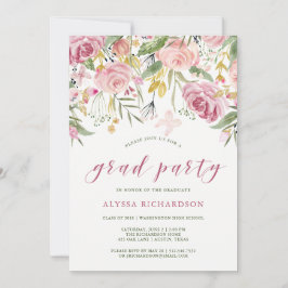 Invitación La acuarela florece rosa y fiesta de graduación