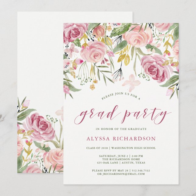 Invitación La acuarela florece rosa y fiesta de graduación (Anverso / Reverso)