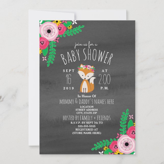 Invitación La acuarela gris oscuro Baby Shower del Fox de (Anverso)