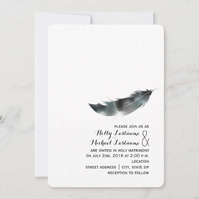 Invitación La acuarela inspiró la boda de la pluma - negro (Anverso)