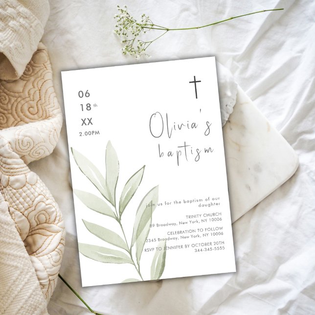 Invitación La acuarela minimalista deja el bautismo cruzado (Minimalist Watercolor Leave Cross Baptism Invitation)