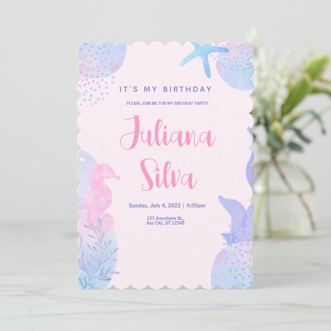 Invitación La acuarela rosa de Rubor bajo el cumpleaños del m (Anverso de pie)