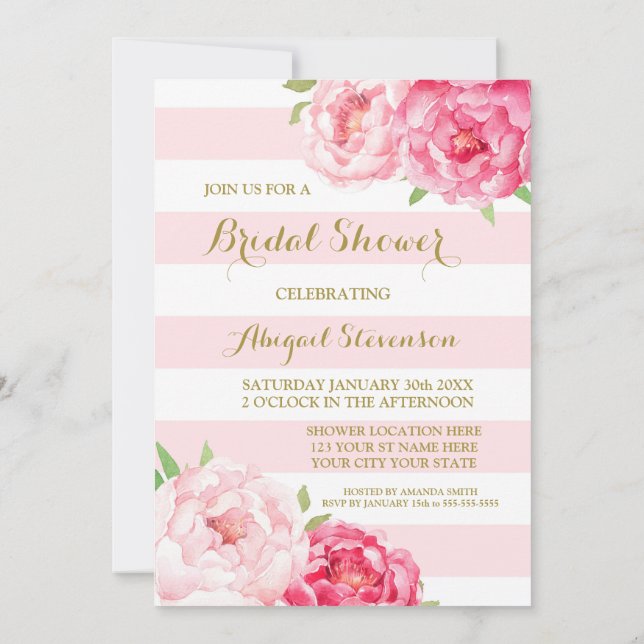 Invitación La acuarela rosada de las rayas florece la ducha (Reverso)